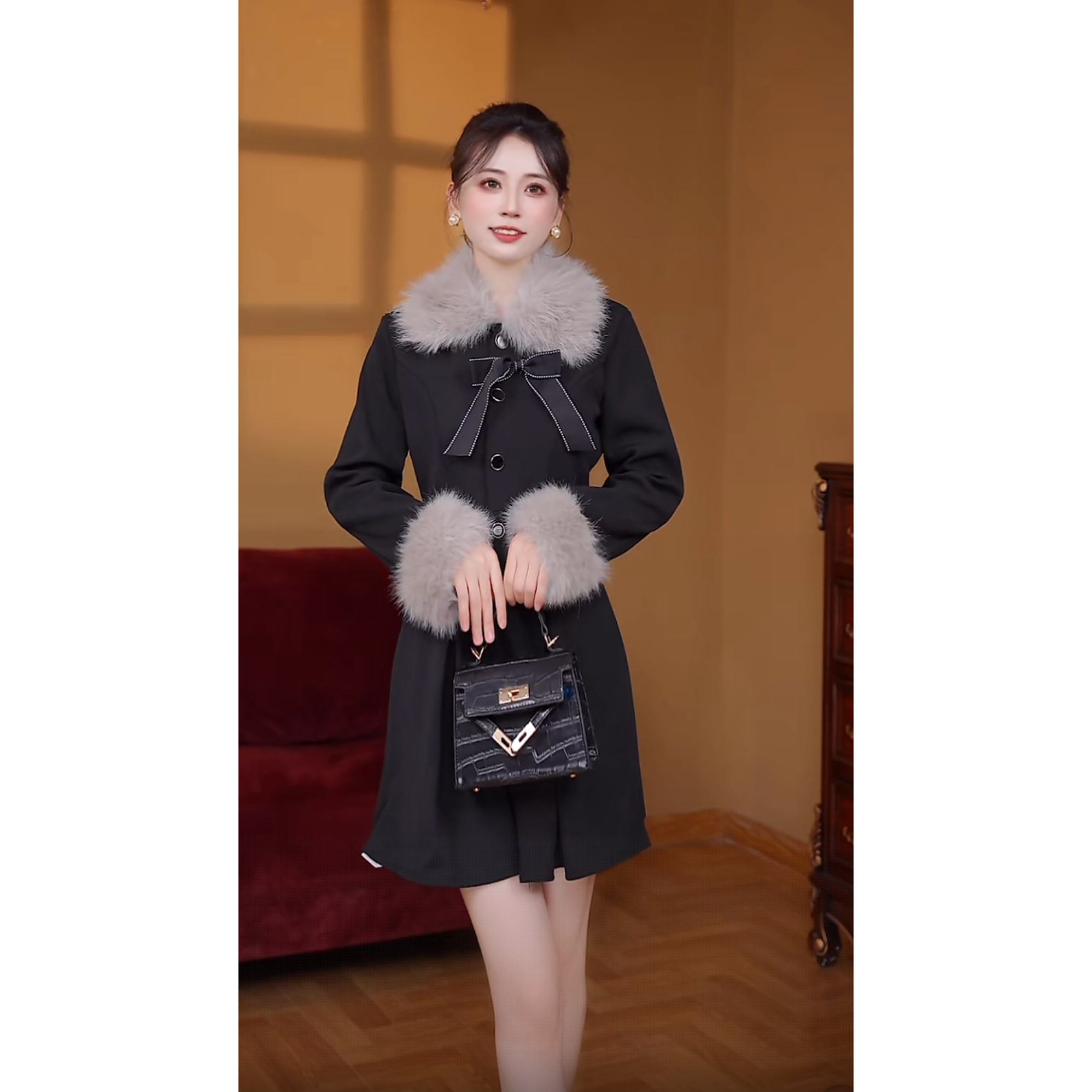 【瑞瑞定制】【加绒加厚】2025加厚毛领蝴蝶结百褶大衣气质连衣裙2521