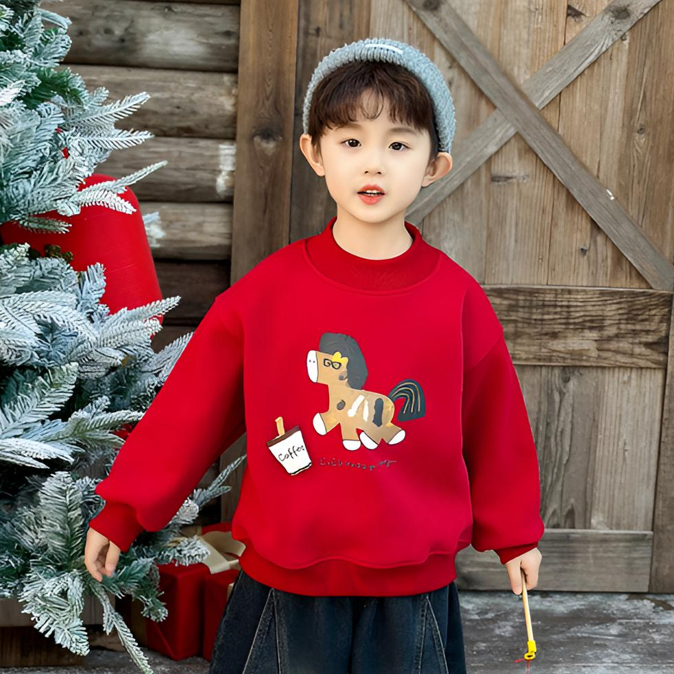 男童加绒卫衣2025新款儿童冬季拜年服上衣宝宝元旦红色新年衣服潮