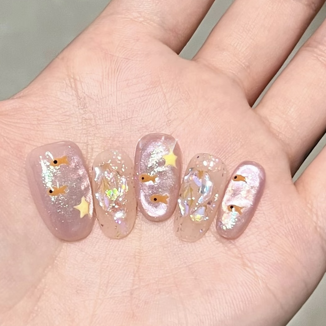 【浅水小鱼】十七新款粉色海洋极光猫眼 氛围感夏日显白手工穿戴甲