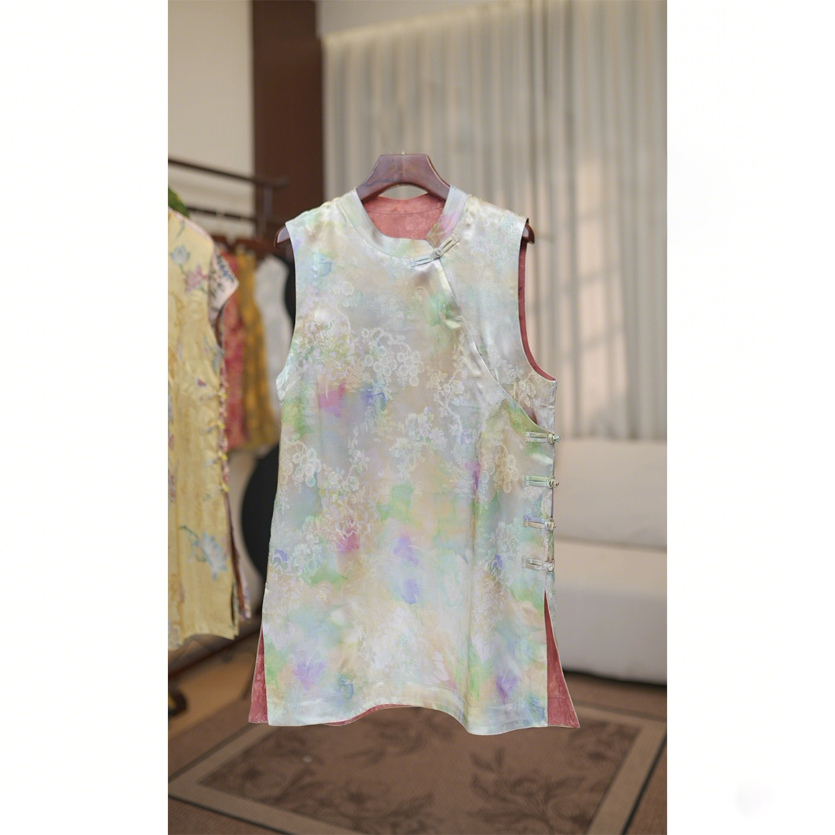 【雨庭】斜襟提花中长款无袖薄款立领上衣网红中式百搭上衣女