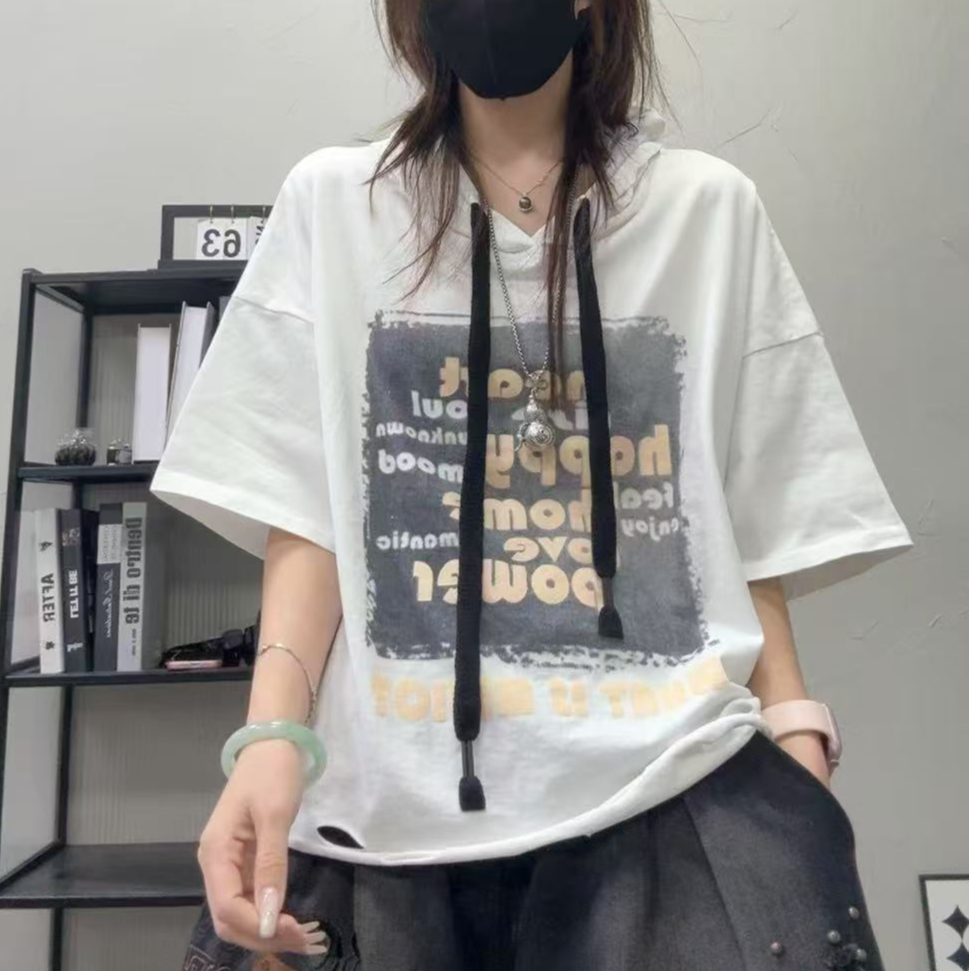 青禾-休闲百搭宽松显瘦韩版抽绳连帽字母印花短袖T恤MHT6502