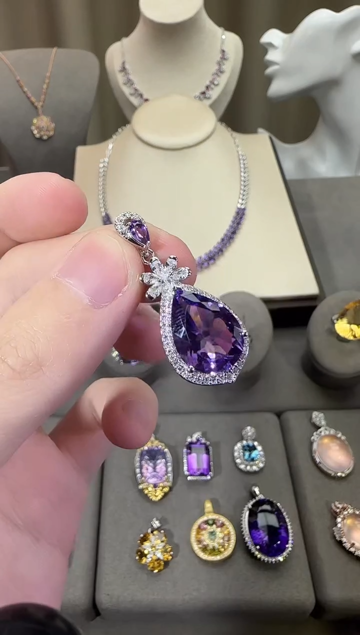 颈饰银S925镶嵌紫晶12*16mm吊坠水滴款