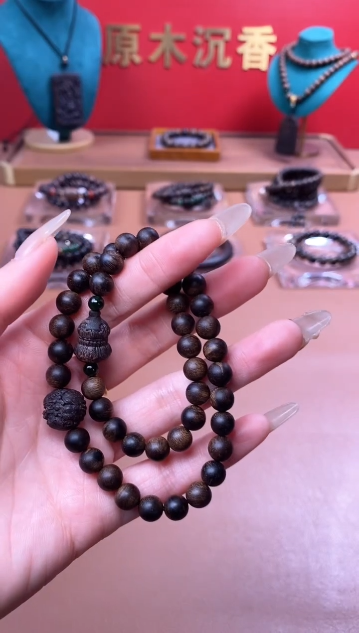 【闪购商品】沉香手串Y沉水富森瘤疤08+葫芦貔貅顶珠沉香木雕
