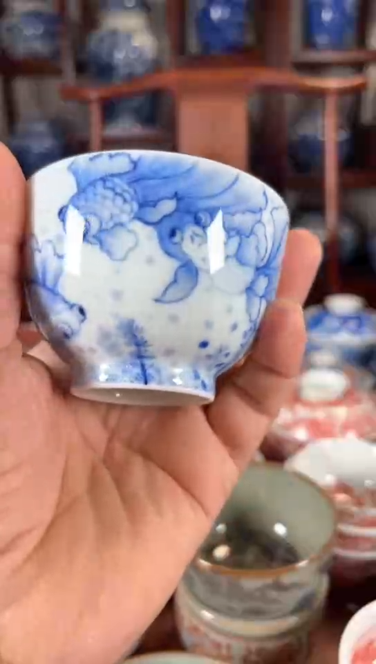 柴窑青花金鱼满堂杯杯