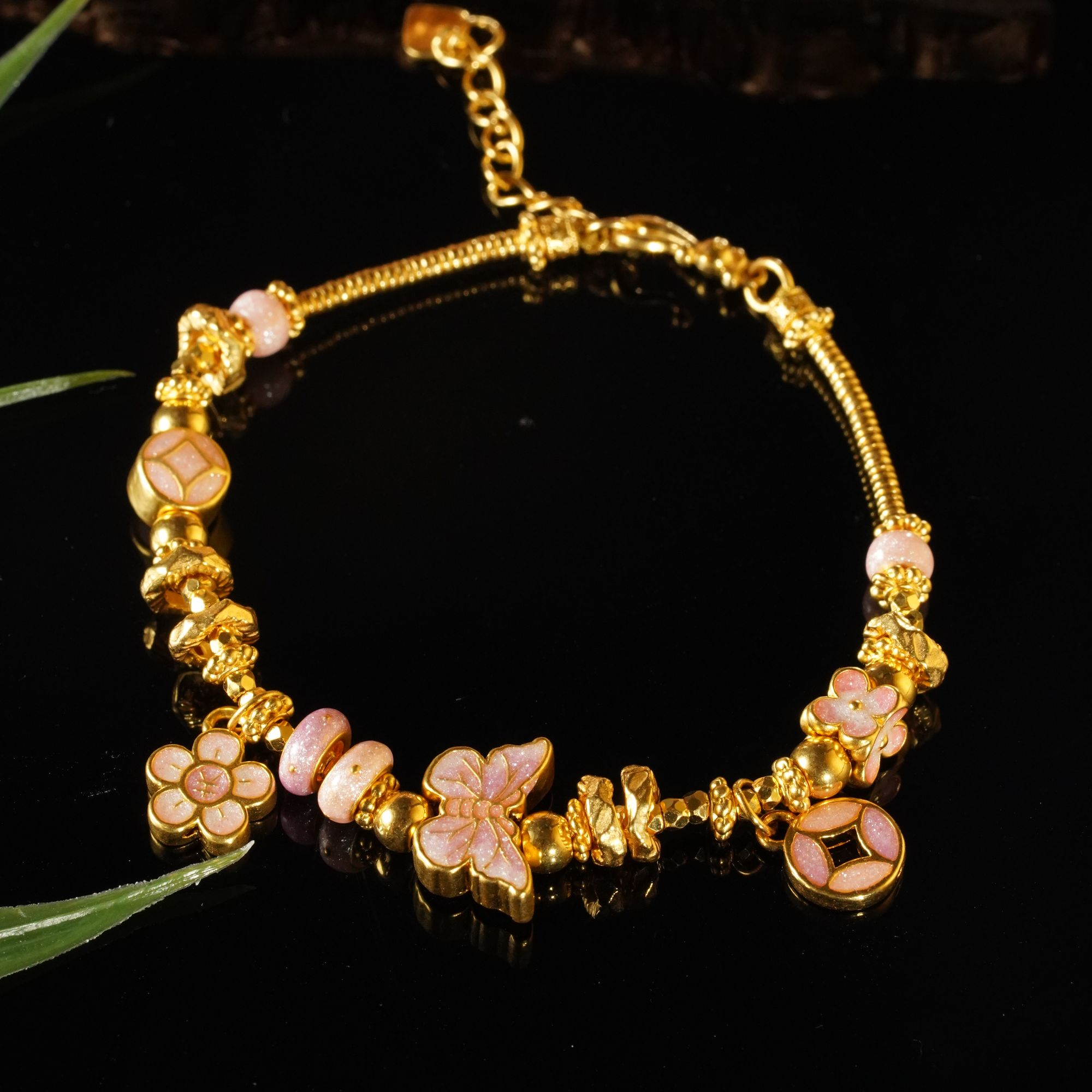  足金999【粉翅萦花】蝴蝶锁包钱币蹦迪珠盘缠手链  SL146