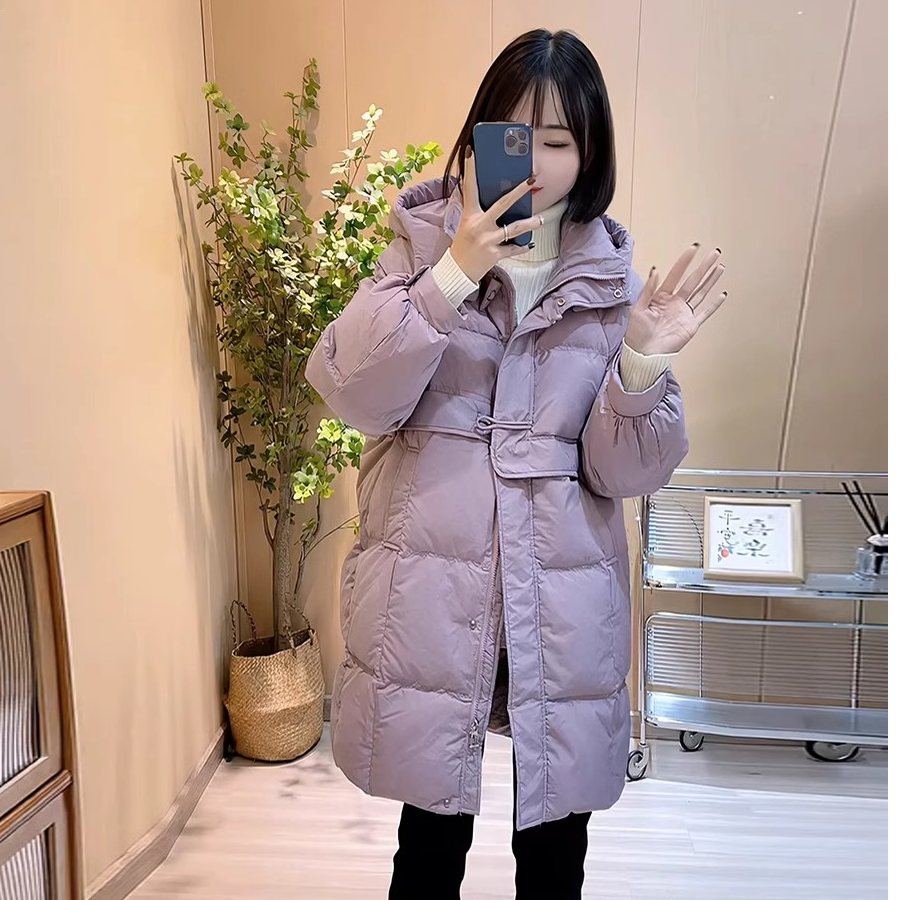 羽绒服女中长款2025新款白鸭绒加厚牛角扣时尚韩版连帽冬季外套潮