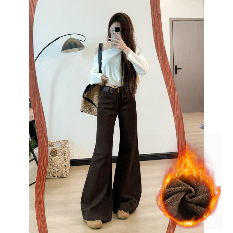 咖色复古不贴腿微喇牛仔裤女2025秋冬加热新款小个子高腰宽松直筒