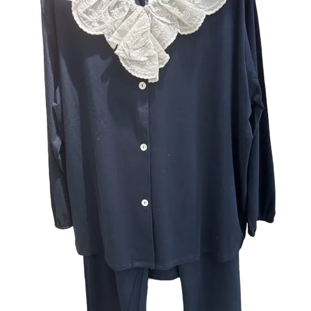 春秋季女款甜美简约蕾丝长袖睡衣套装