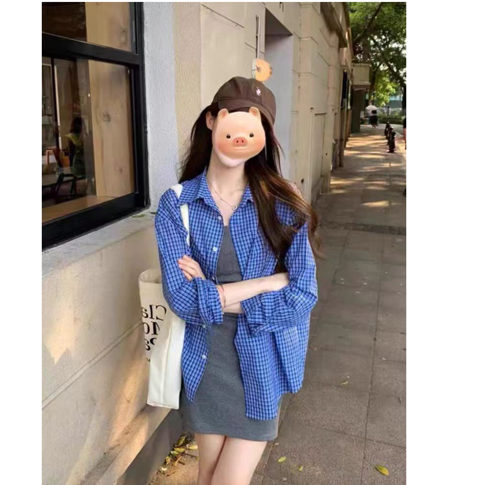 美式蓝色格子Polo领长袖衬衫女秋季2025新款宽松气质上衣百搭小众