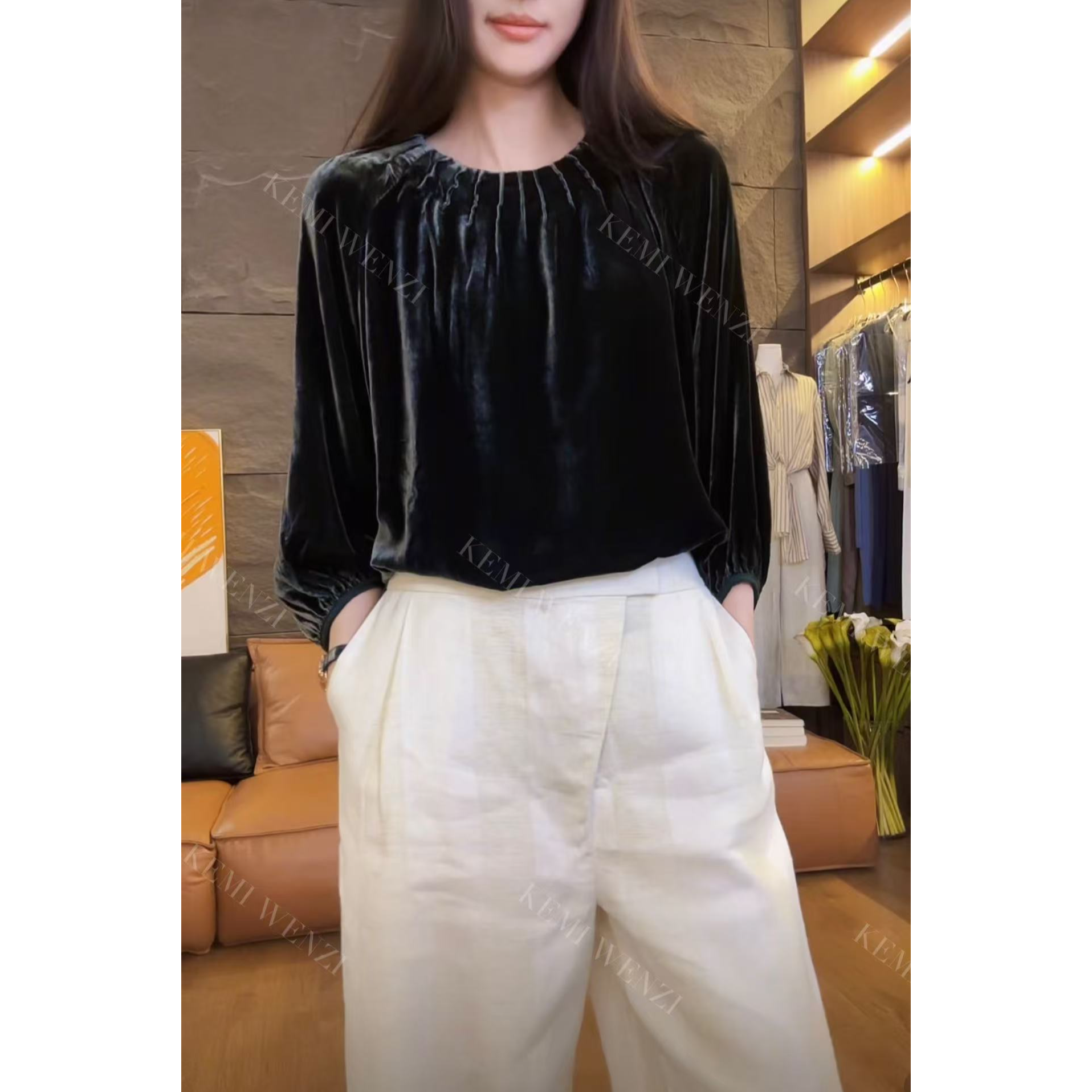 两色丝绒款圆领衬衫