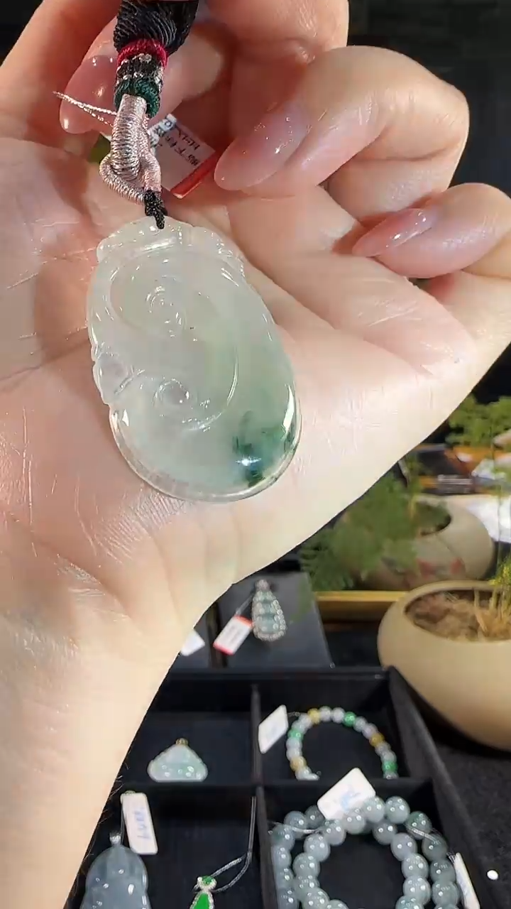 【闪购商品】翡翠吊坠(不含链)18K金镶嵌天然缅甸翡翠冰飘蓝花如意