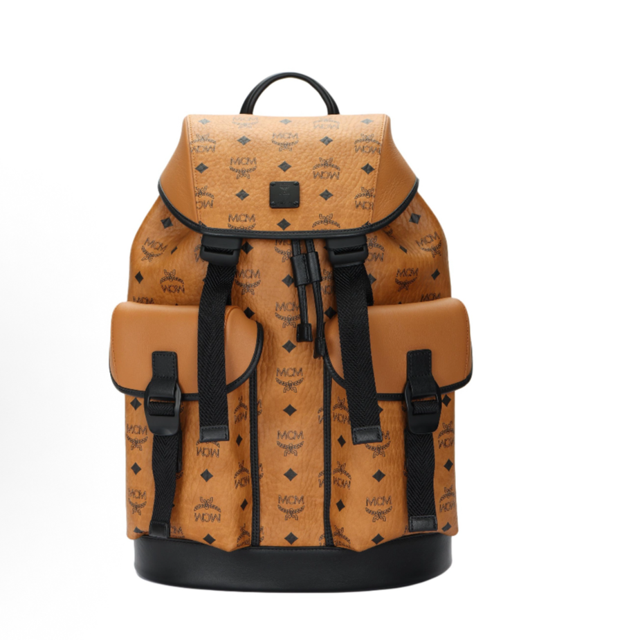 未使用 MCM 老花满印抽绳束口牛皮书包 背包双肩包中号男款干邑色