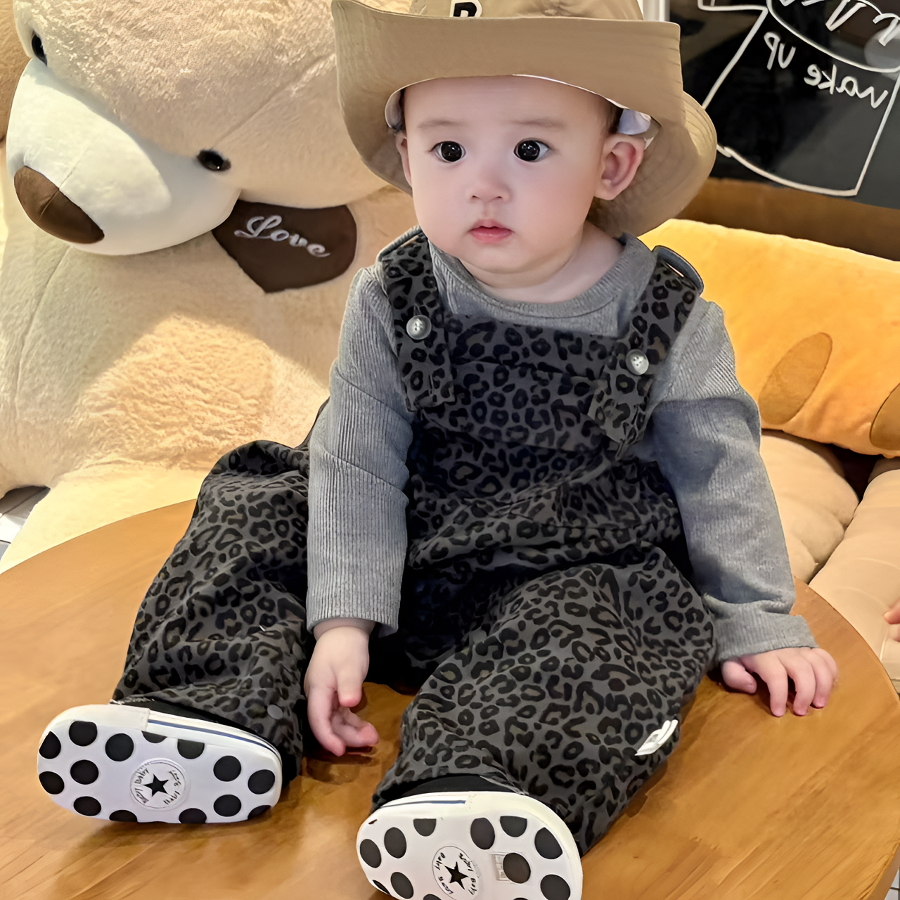 2025秋季新款婴幼儿豹纹背带裤套装男女宝宝连体衣打底衫两件套
