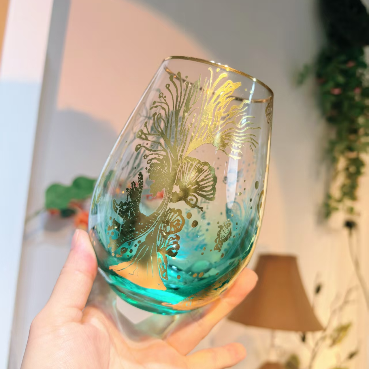2只惊喜家手工制作渐变蓝色水杯高颜值描金海洋世界蛋杯饮料杯