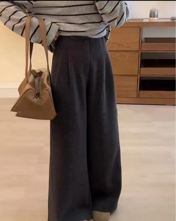 【加绒加厚】慵懒高级感灰色毛呢裤子女款高腰直筒阔腿裤3333#