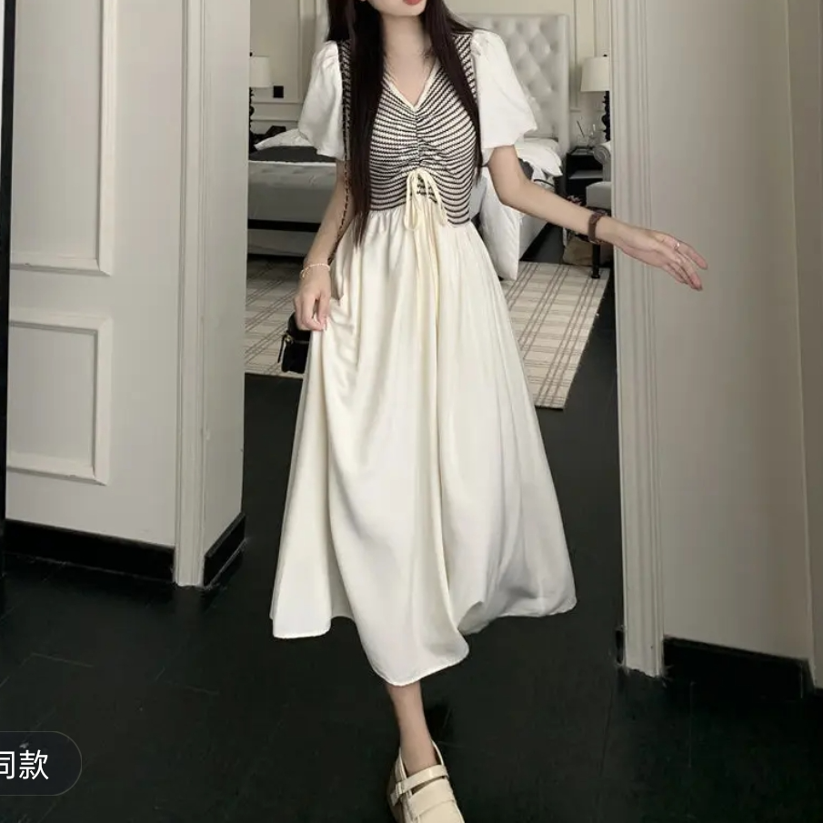 D319斜领泡泡袖夏季套头款短袖连衣裙女装气质裙子法式