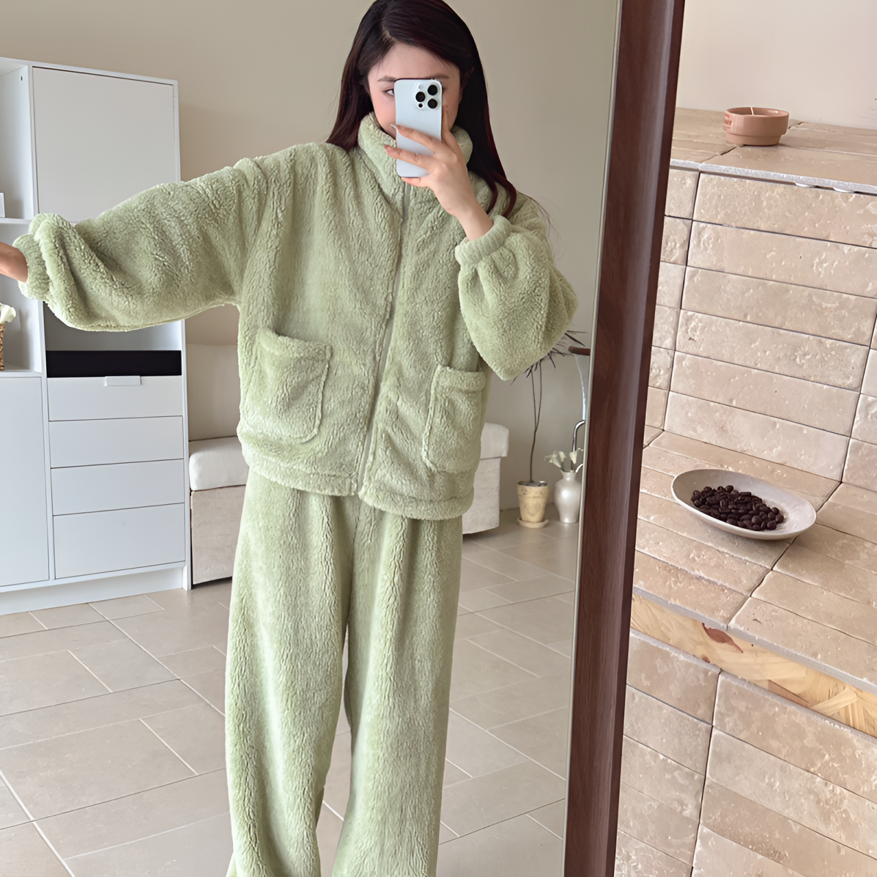 2025加绒加厚北极绒可立领翻领居家可外穿冬天保暖睡衣套装