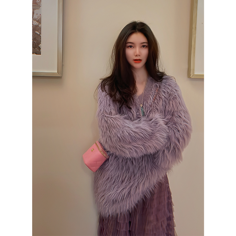 yanyan软糯温柔V领宽松慵懒显瘦温暖长毛衣紫色上衣秋冬女