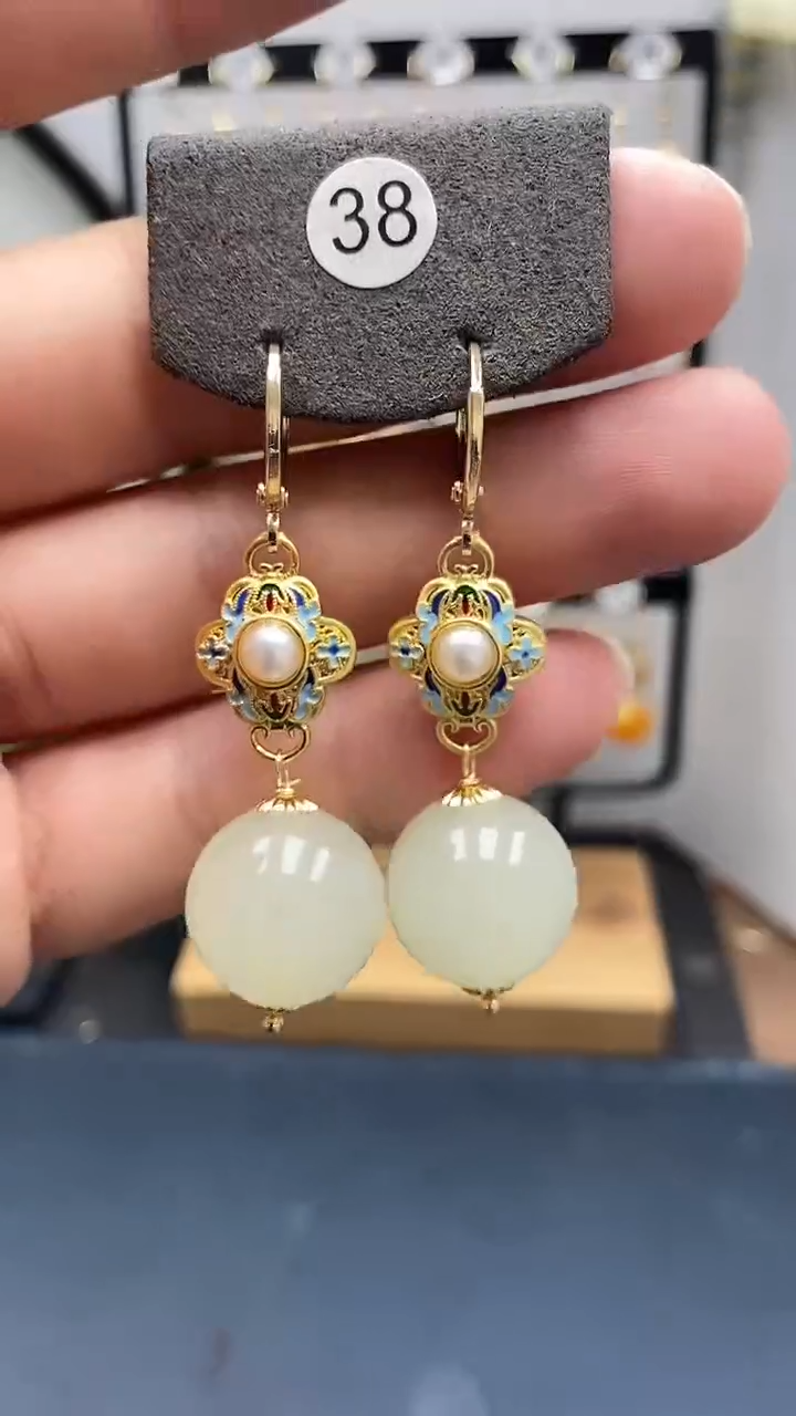 银S925镀金镶嵌和田玉耳饰尺寸16mm耳扣A2