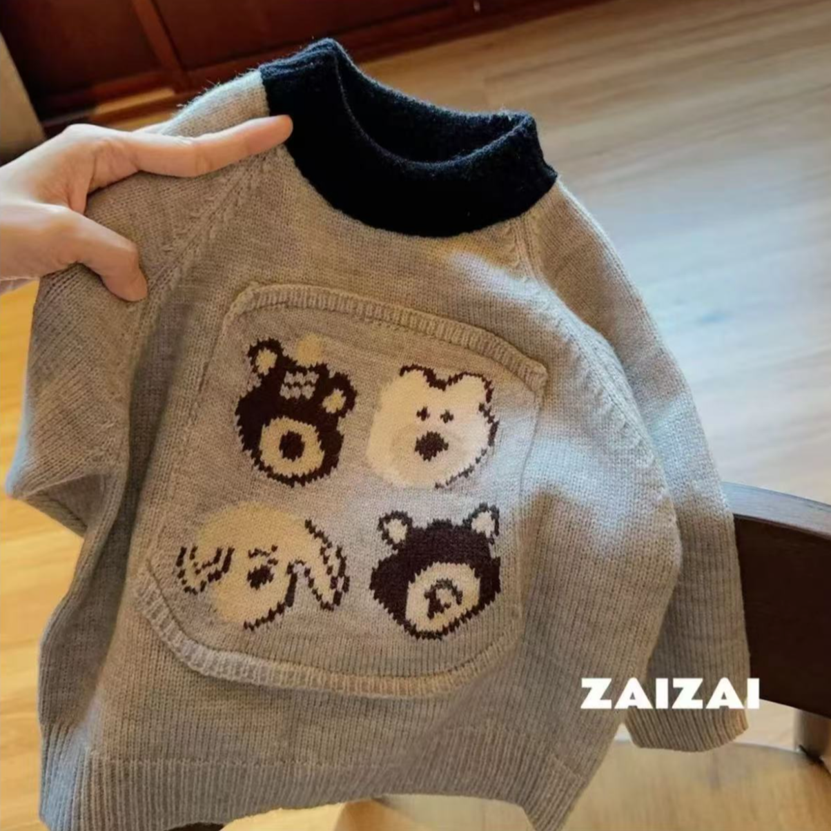 2025秋冬新款男童毛衣加绒加厚韩版时尚圆领上衣百搭儿童套头毛衣