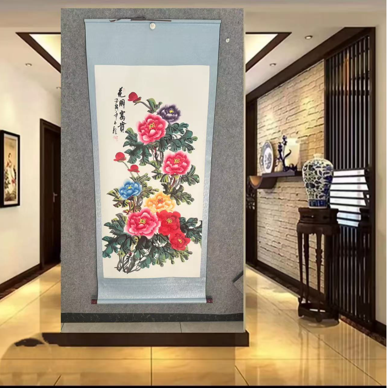国画纯手画«花开富贵»牡丹客厅卧室玄关挂画卷轴装裱170*75厘米