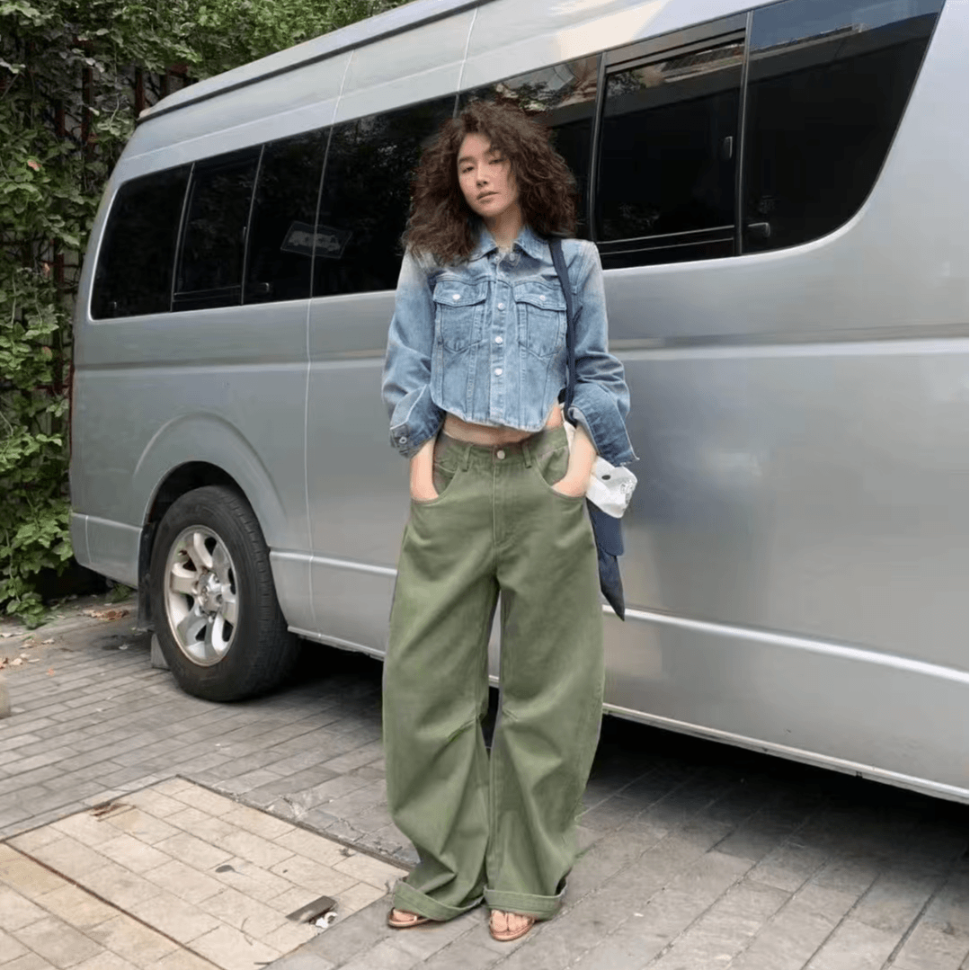 美式复古短款蓝色牛仔外套女2025早春新款宽松显瘦阔腿休闲裤子潮