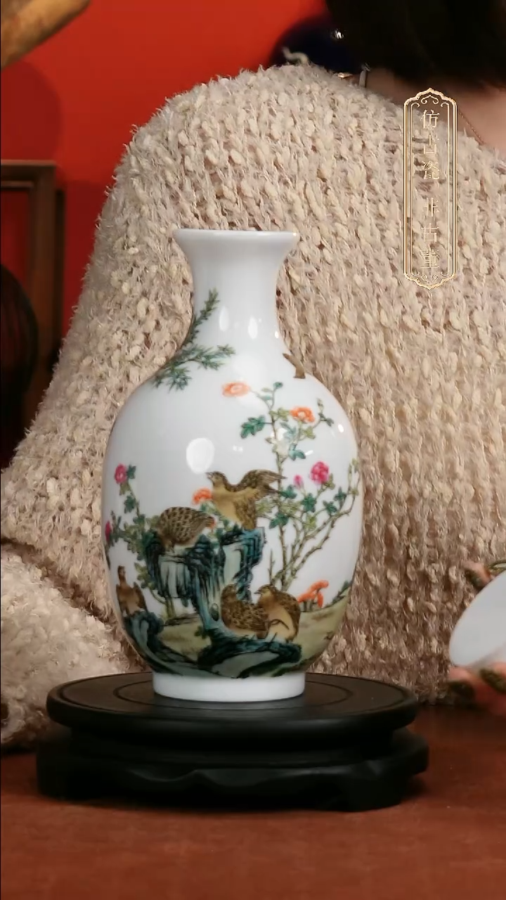 摆件陶皇窑珐琅彩鹌鹑纹瓶