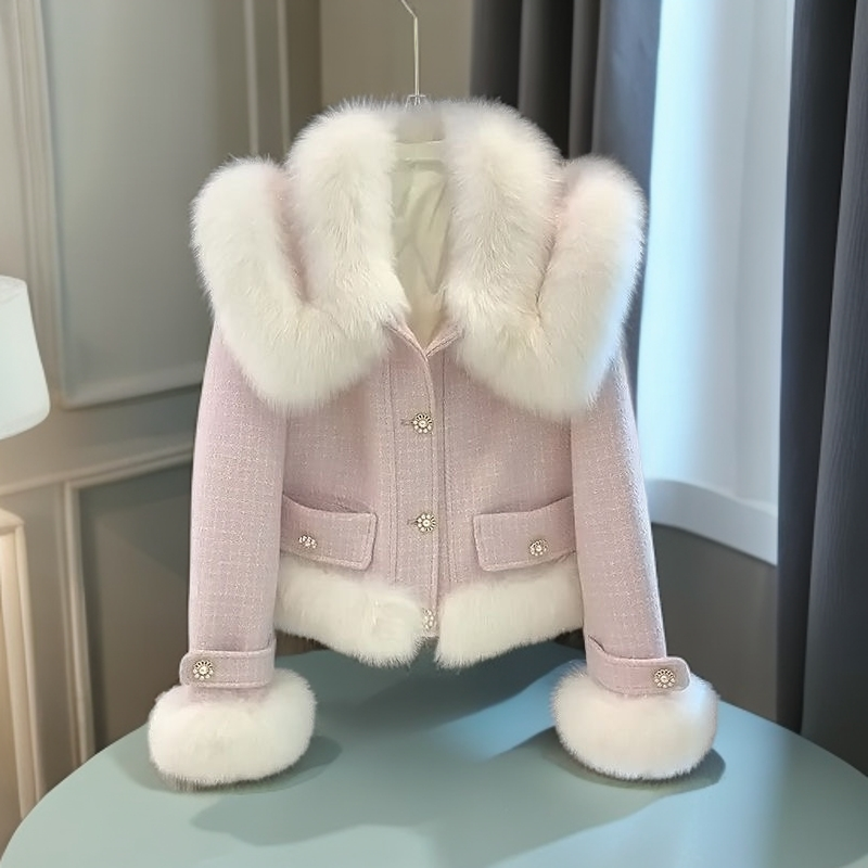 千语栀【香芋小姐】小香风娃娃领毛毛拼接环保毛一体绒短款外套冬装