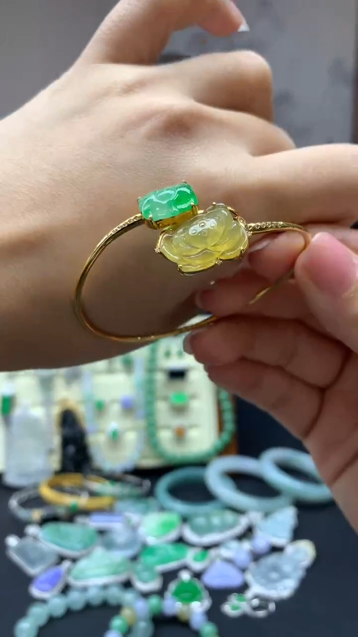 【闪购商品】翡翠手镯18K金镶嵌8-天然翡翠