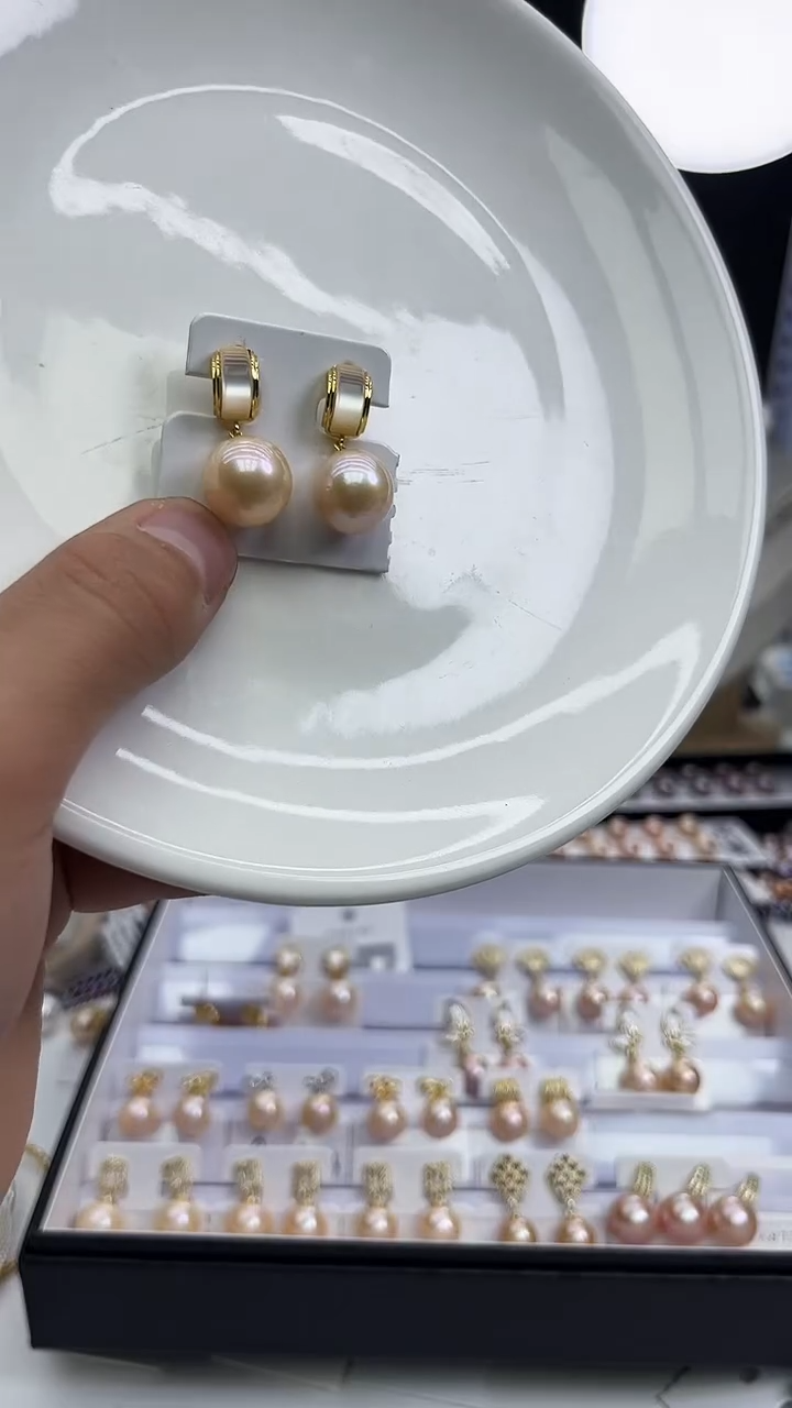 未镶嵌耳坠淡水珍珠中国红12-13mm设计款耳坠