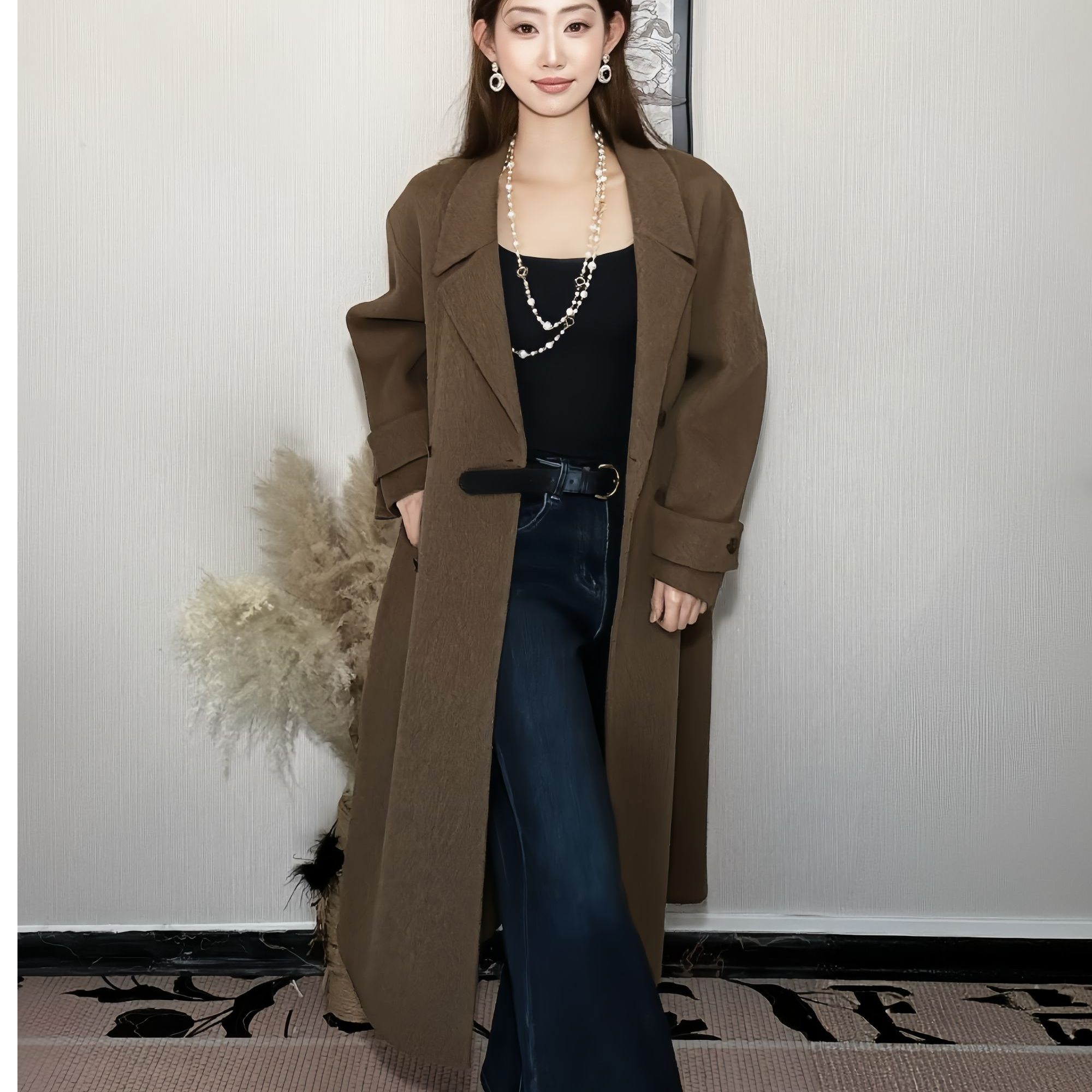 2025秋冬新款棕色双面呢大衣女中长款韩系慵懒风高级感羊毛呢外套