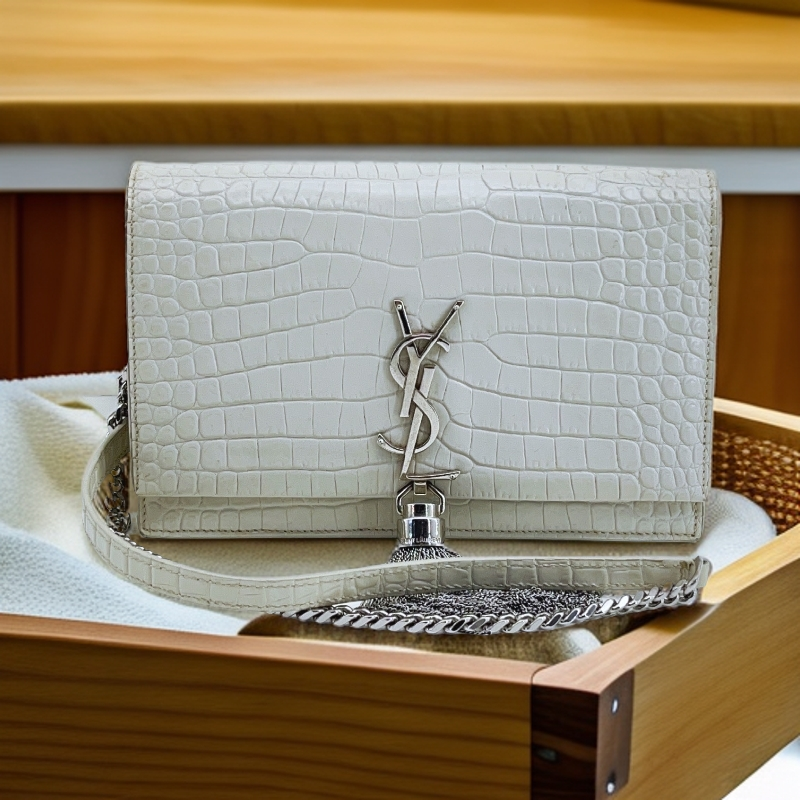 95新 YSL/圣罗兰  白色鳄压流苏链条包 1736 5140 