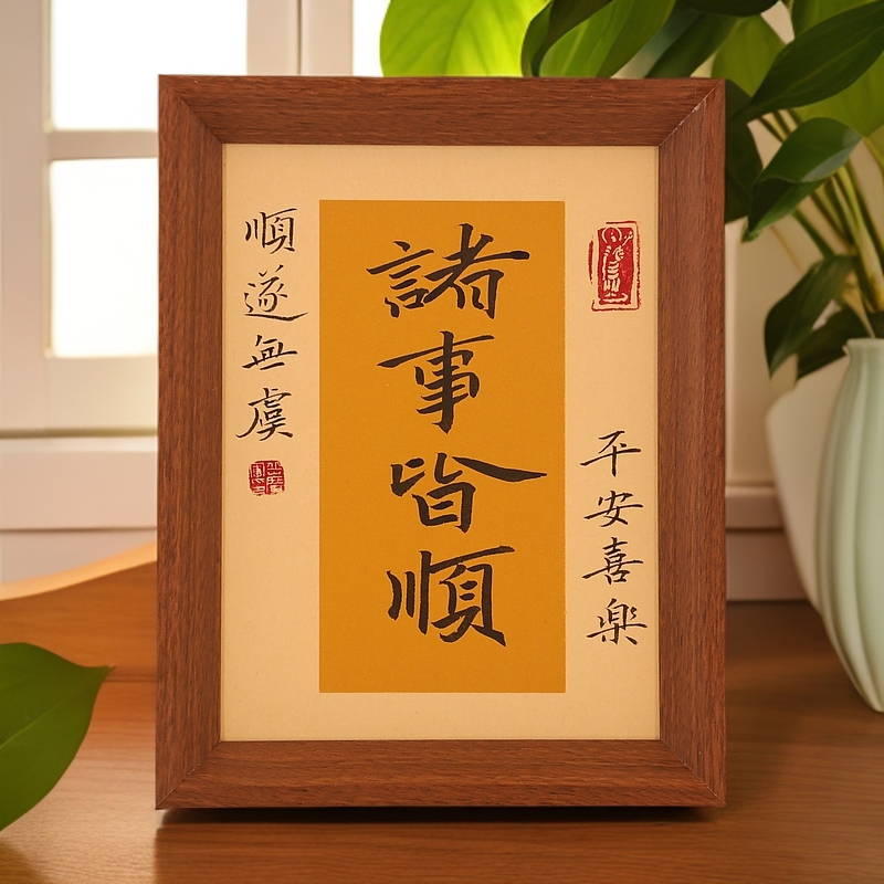 【诸事皆顺】毛笔字手写书法摆台文艺书法桌面简约玻璃木质相框摆件