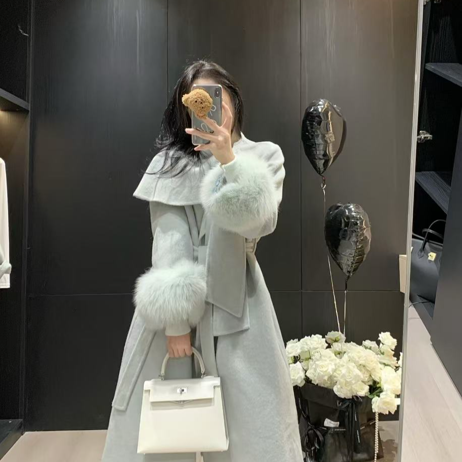 【万家千金】秋冬女休闲长款时尚宽松双面狐狸毛羊毛大气大衣-803