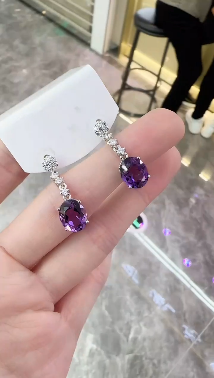紫晶耳饰银S925镶嵌10*8mm耳坠