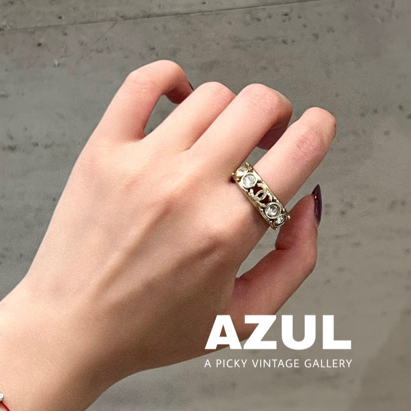 95新 Chanel/香奈儿 Azul-19S浅金色圆钻双C52码戒指/51865