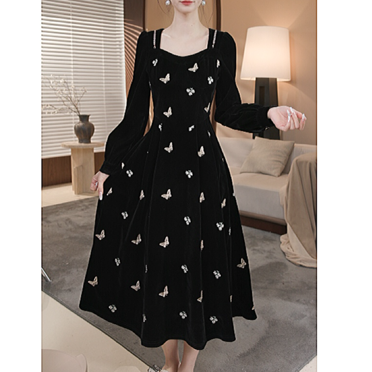 薇宝儿佳佳-【双生蝶舞】秋季新款蝴蝶小花丝绒显瘦连衣裙-BN651Q