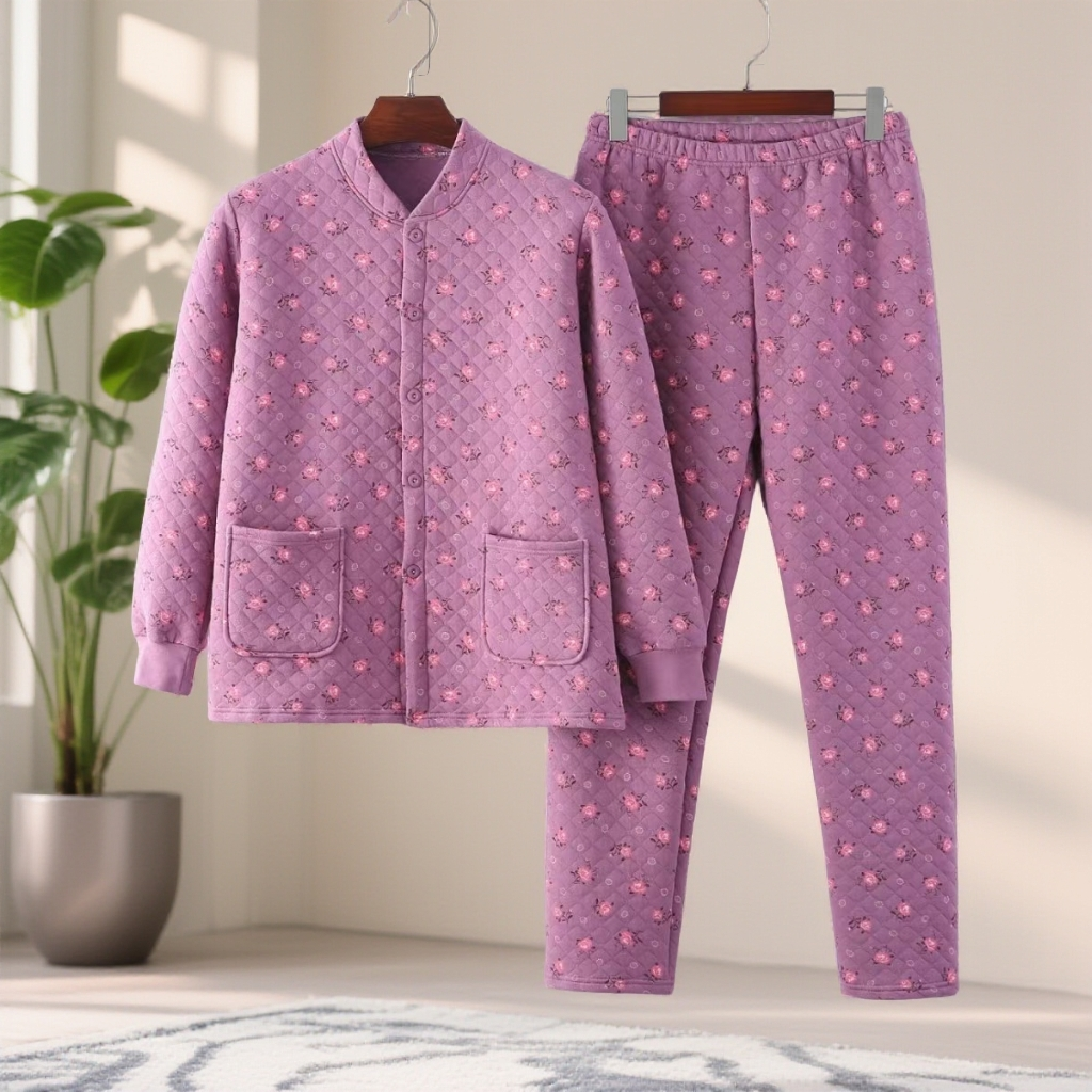 秋冬三层加厚纯棉开衫家居服上衣保暖套装老年人冬季中老年妈妈装