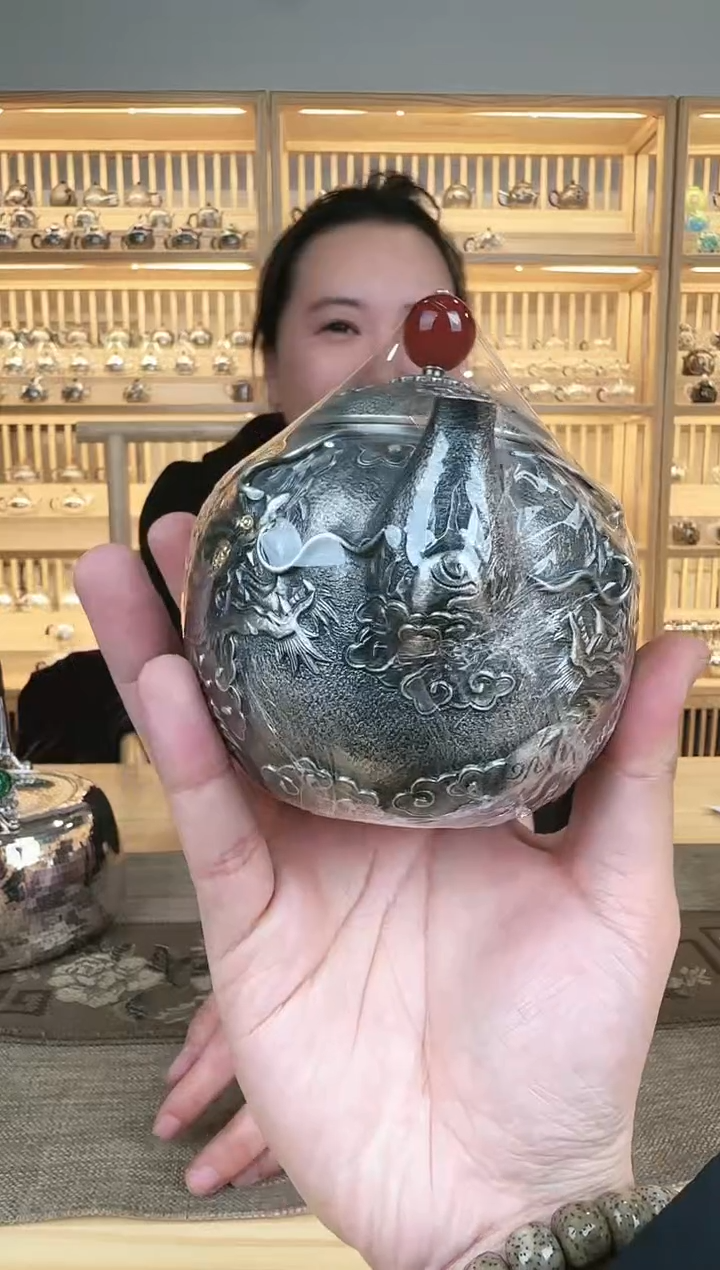 【闪购商品】足银999双龙戏珠红钮泡茶壶