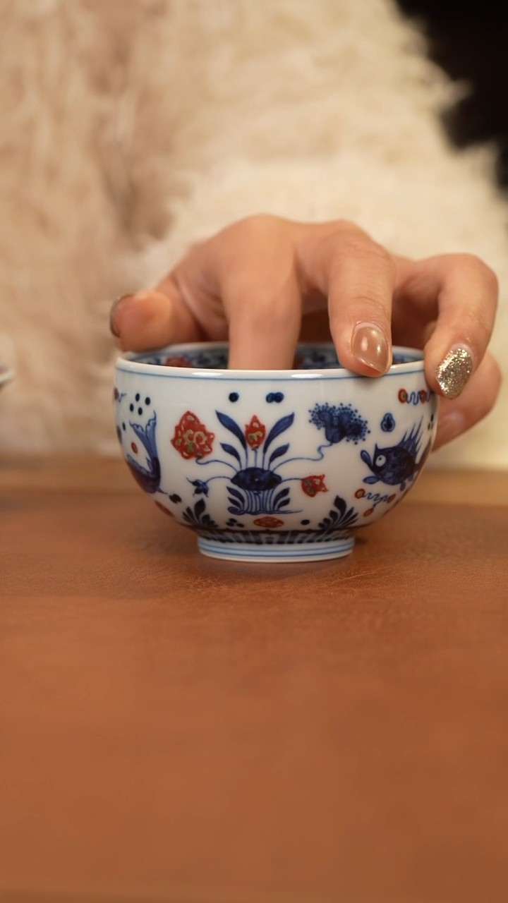 【闪购商品】杯和然窑釉里红鱼藻禅定杯