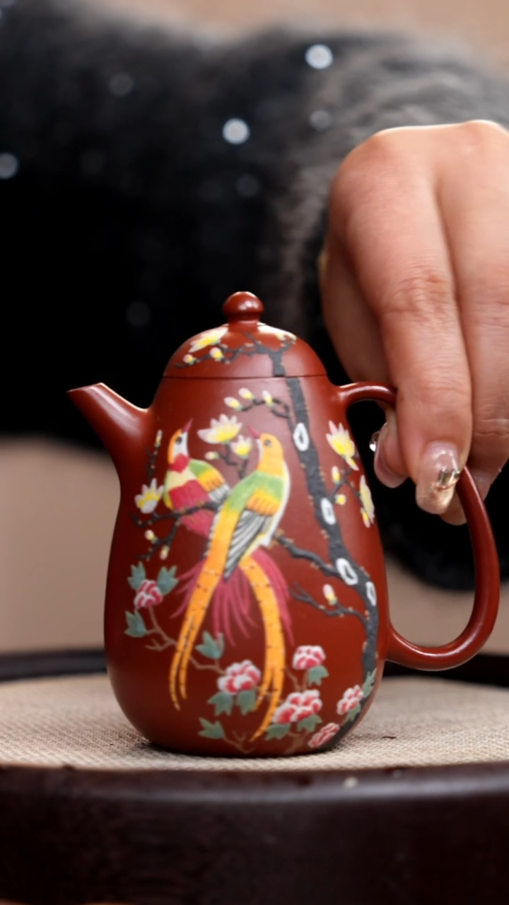【闪购商品】紫砂茶壶大红袍高龙蛋泥绘双鸟