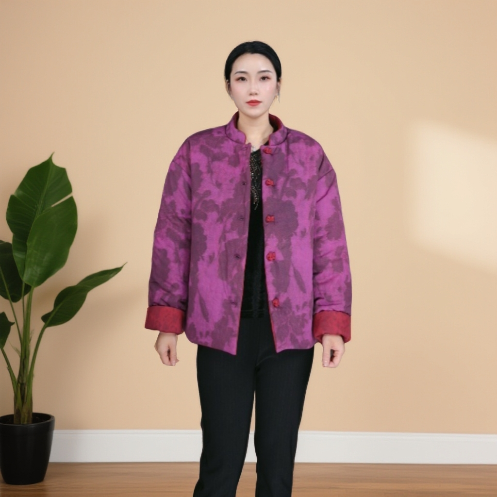 11882-新中式双面穿复古文艺风盘扣棉衣冬新款棉服妈妈装 依恋秀