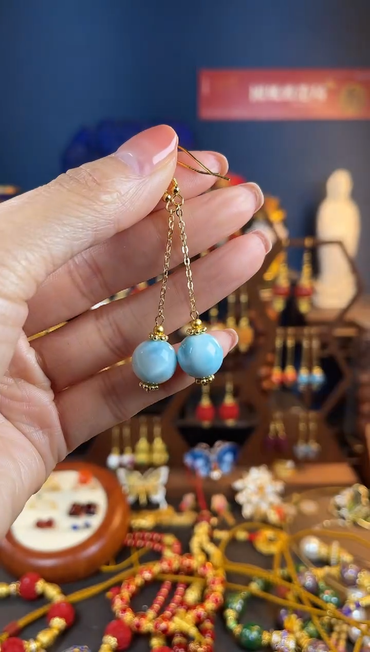 【闪购商品】针钠钙石（海纹石）耳饰银S925镀金镶嵌耳钩