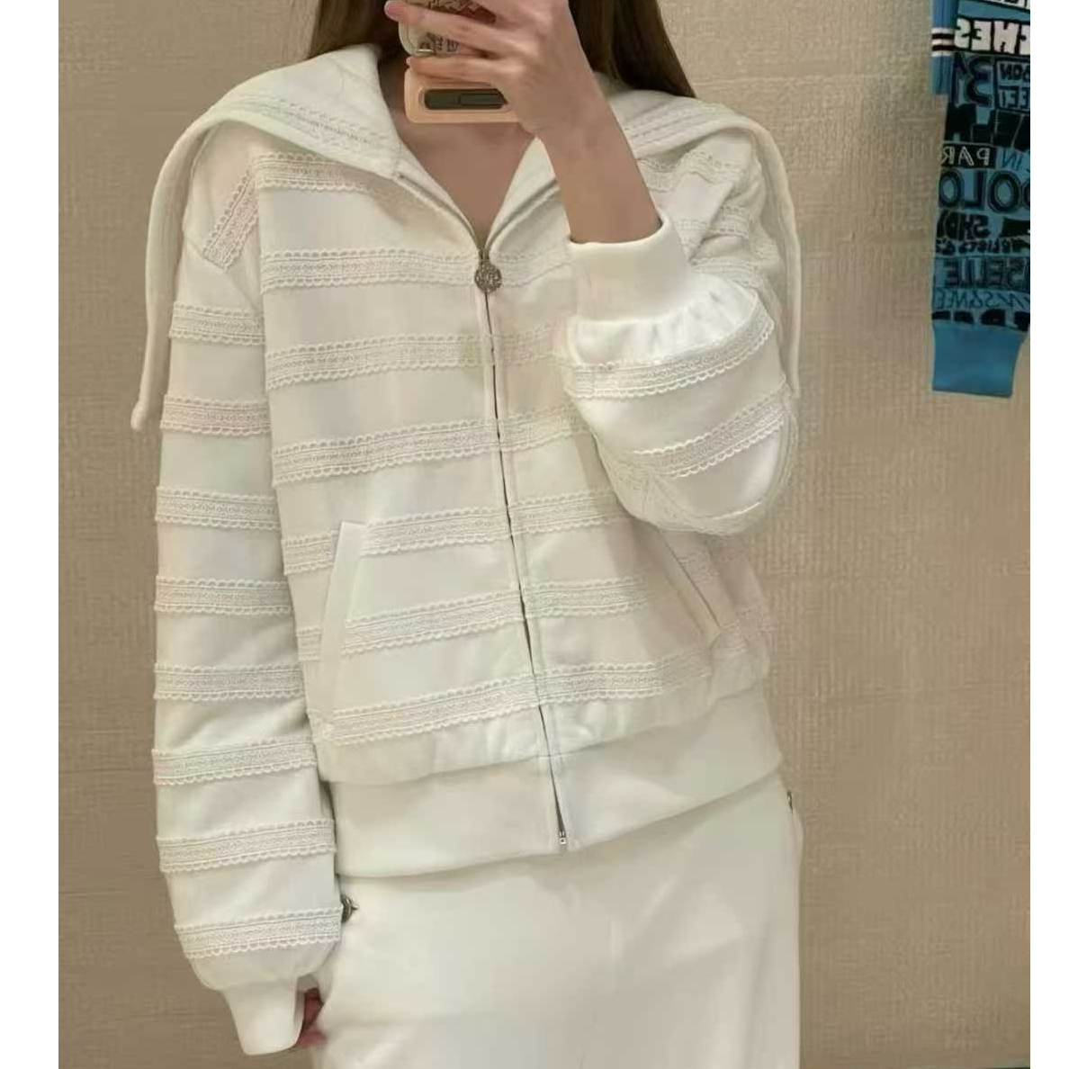 99新 Chanel/香奈儿 36码24M白色蕾丝边满logo花边连帽拉链外套