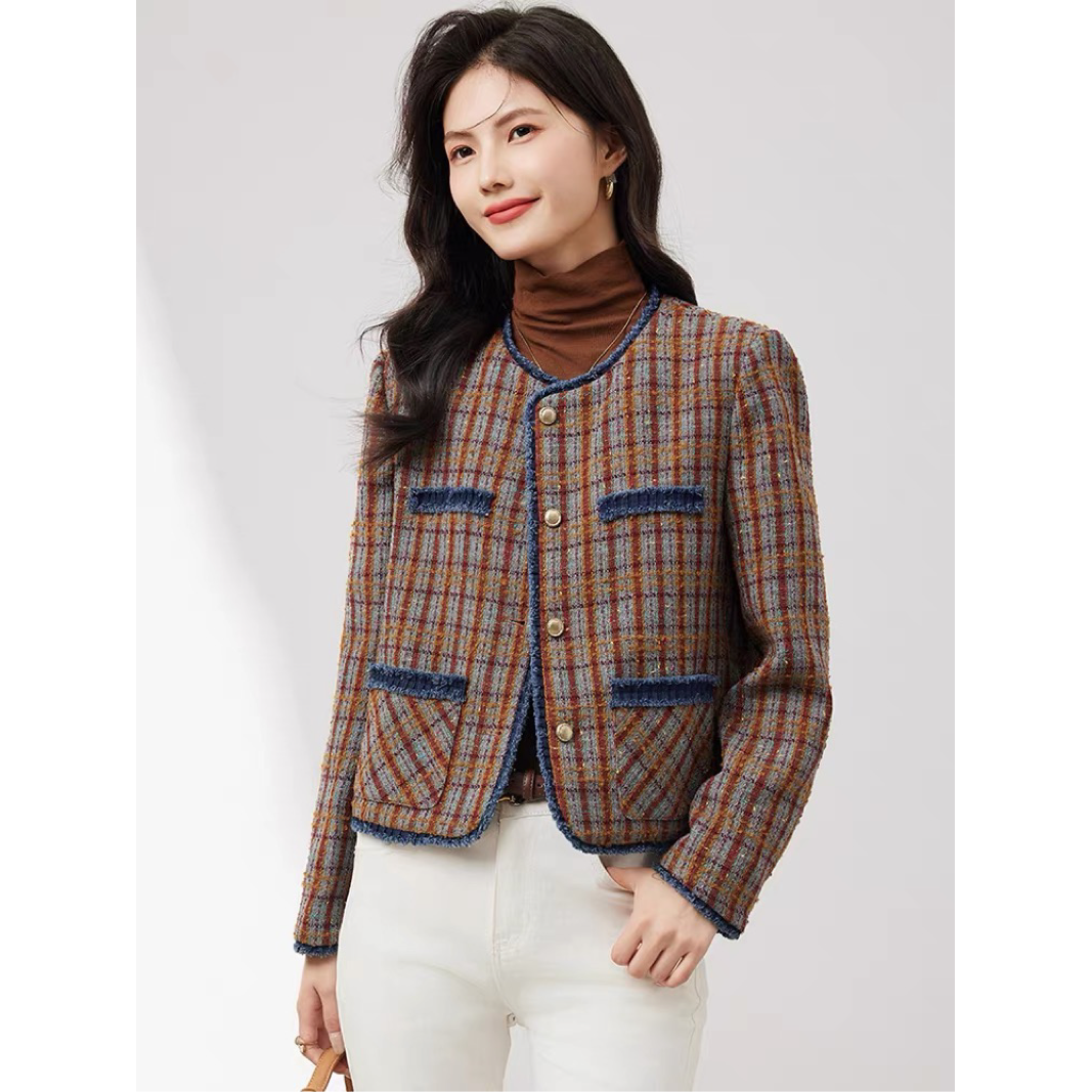 【HW542】撞色毛须包边小香风短外套女春季2025新款复古小个子上衣