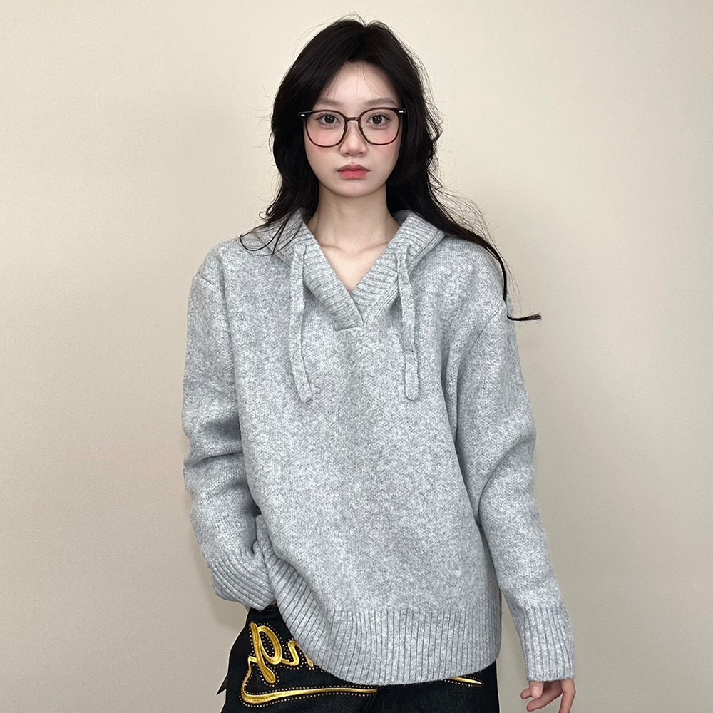 JADEQILIN秋冬宽松连帽针织衫百搭情侣慵懒感休闲毛衣