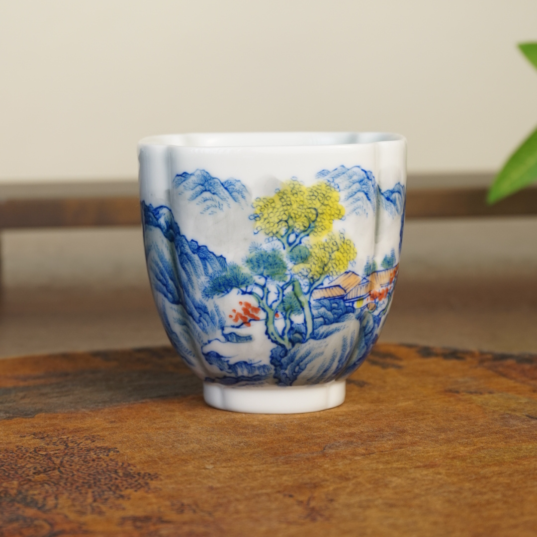 德物小雅纯手工手绘釉下青花五彩绿水青山四方主人杯景德镇柴窑