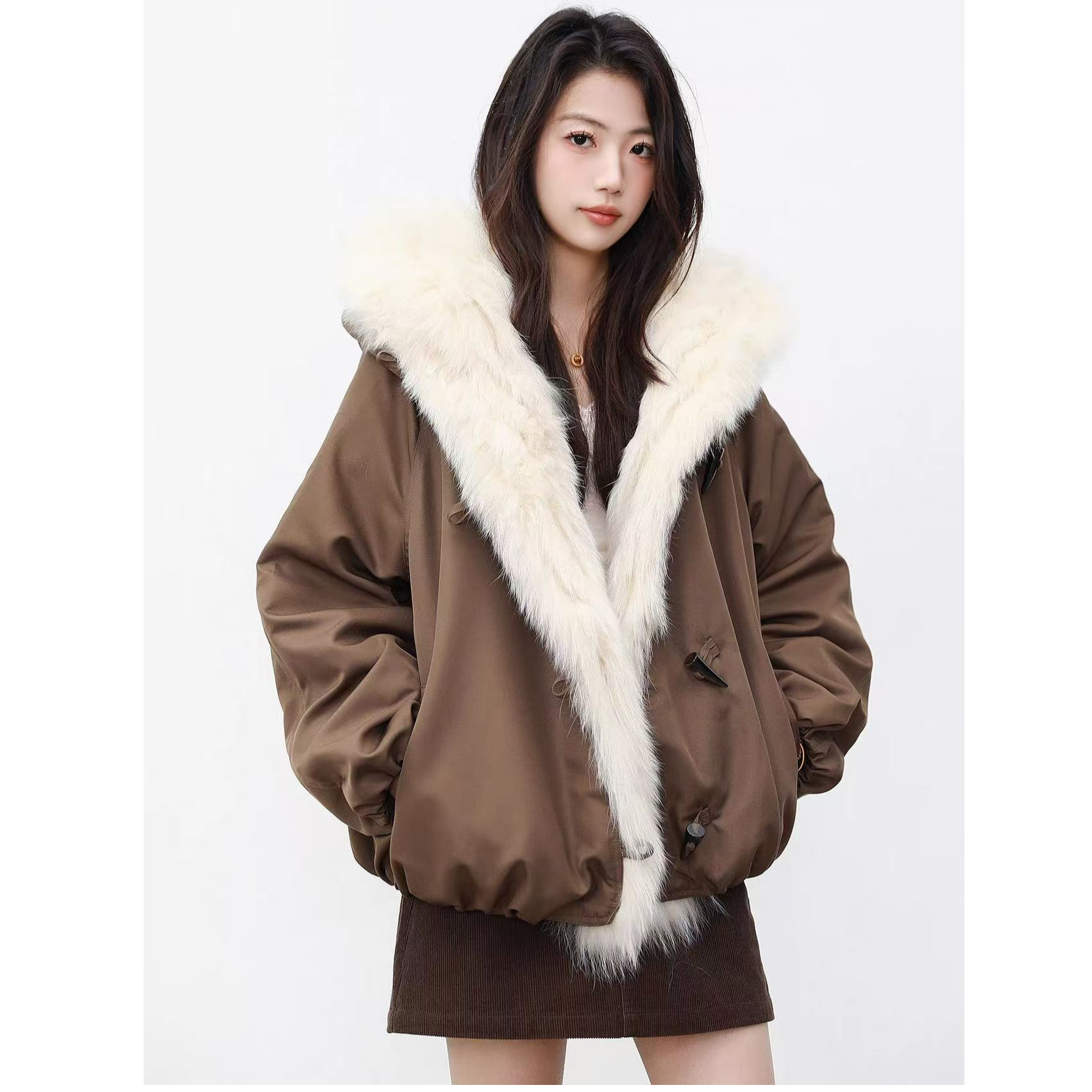 女厚款半开领欧美显瘦毛领宽松韩版冬季女装