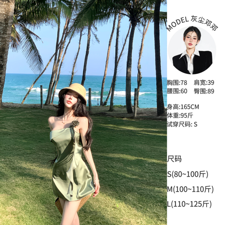 灰尘邓邓 【青璃拂夏】法式斜肩抹胸立体花朵吊带连衣裙D26Q0075