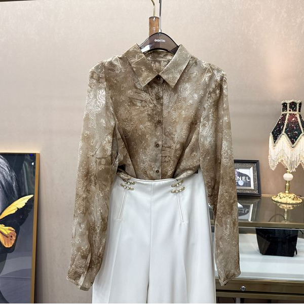 原里（摩卡奶茶）韩版方领印花长袖女衬衫气质显瘦减龄提花女衬衣